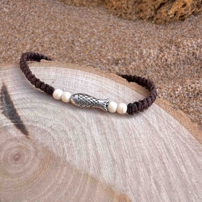 Pulsera pescaíto marrón y piedras naturales